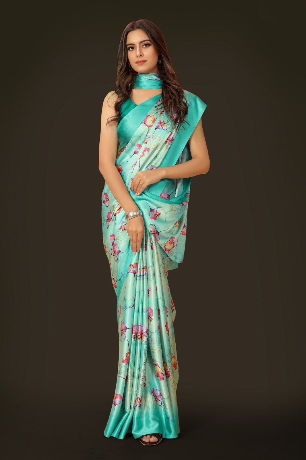 Multi Satin printed Saree